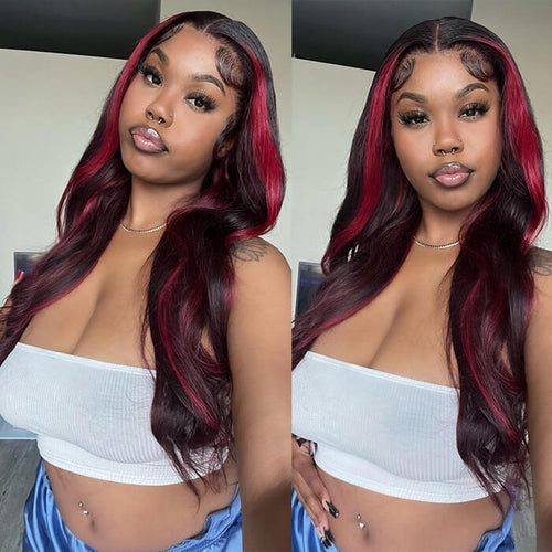 Black Wig With 99J Burgundy Highlight Mixed Colored 13*4/5x5 HD Lace Front Wigs Money Piece Hair