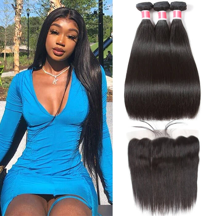 10A Grade Brazilian Straight Virgin Hair Weave 3 Bundles With Lace Frontal 13x4 Ear To Ear
