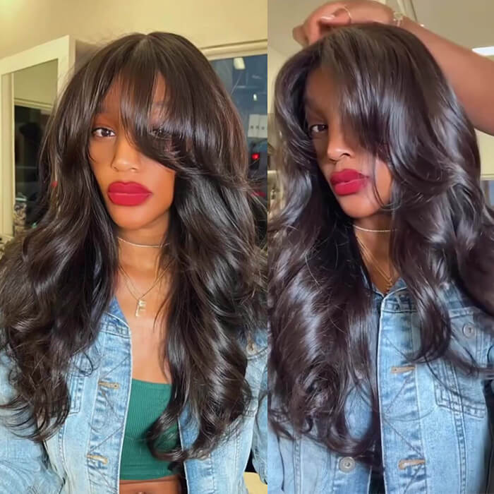 Curtain Bangs Body Wave Glueless 13x4 HD Lace Front Wig for Women 100% Human Hair Pre Plucked Pre Bleached