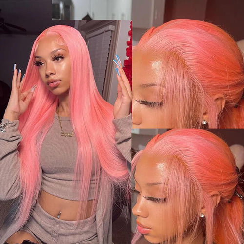 13x4 HD Lace Frontal  Human Hair Wigs Straight Pink Color Wig For Women Pre Plucked Bleached Knots
