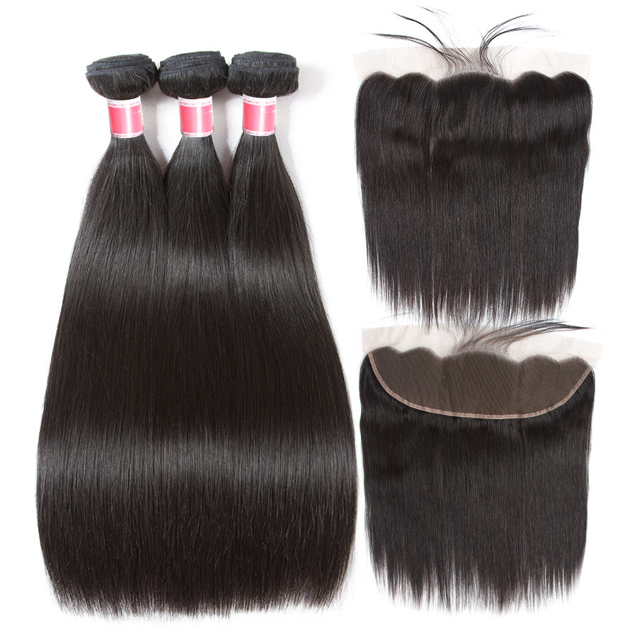 10A Grade Brazilian Straight Virgin Hair Weave 3 Bundles With Lace Frontal 13x4 Ear To Ear