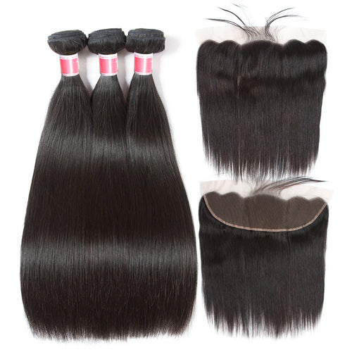 10A Grade Brazilian Straight Virgin Hair Weave 3 Bundles With Lace Frontal 13x4 Ear To Ear
