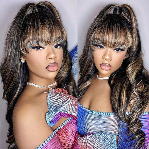 Blonde Highlights Body Wave With Bangs Glueless 13×4 Lace Front Wigs Human Hair
