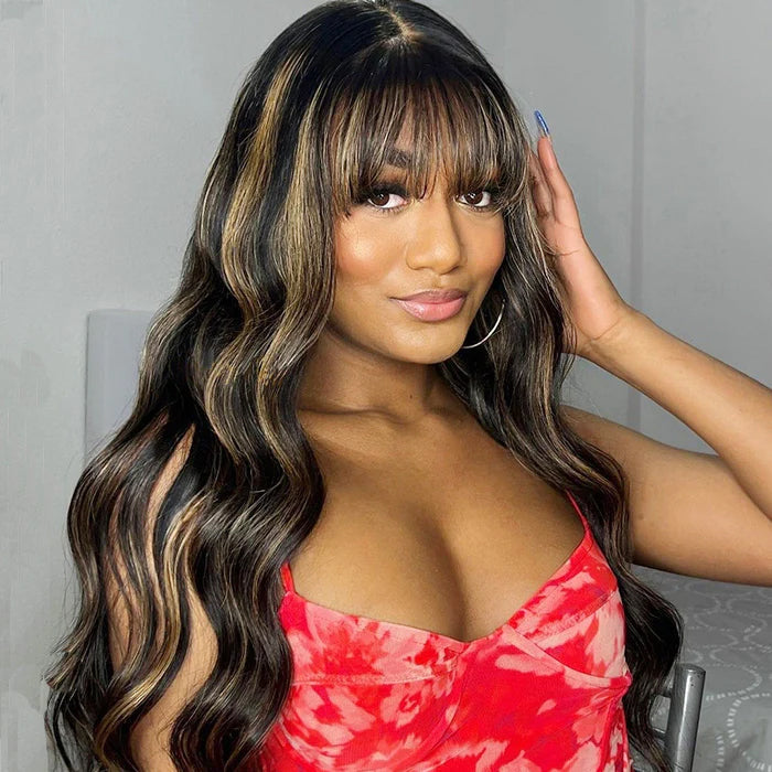Highlights Wig with Bangs Body Wave Wig 8x5 Pre Cut HD Lace Glueless Wig Throw on & Go