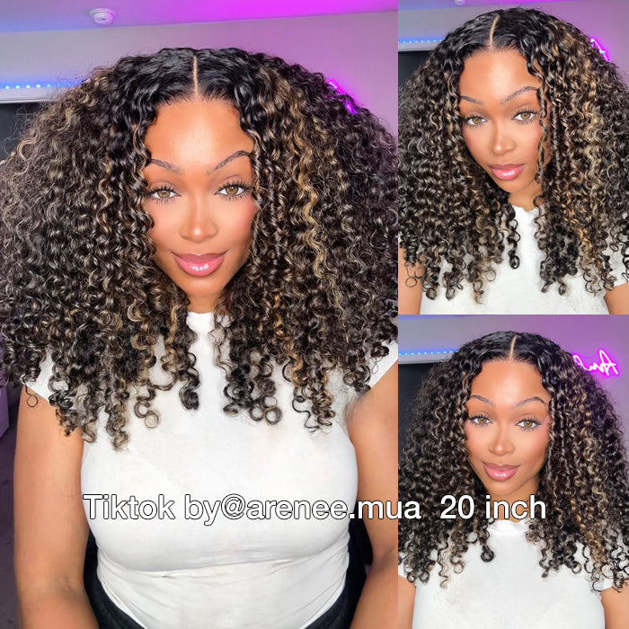 Blonde Highlight Curly Glueless HD Lace Wig Human Hair Pre-Cut Lace Pre-Plucked Pre-Bleached