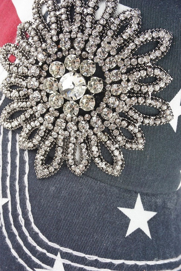 Rhinestone Gunmetal Flower USA Distressed Baseball Cap by Olive & Pique