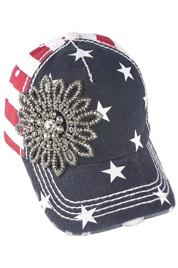 Rhinestone Gunmetal Flower USA Distressed Baseball Cap by Olive & Pique