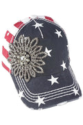 Rhinestone Gunmetal Flower USA Distressed Baseball Cap by Olive & Pique