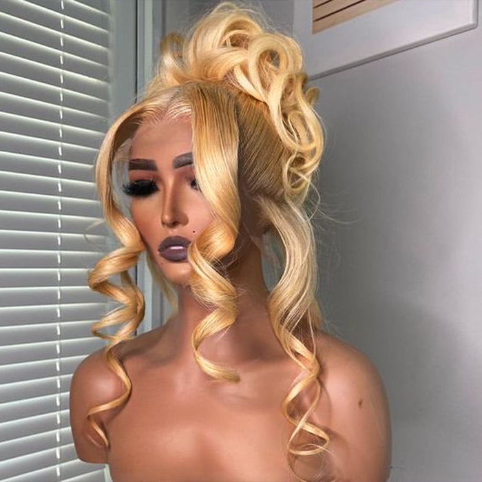 #27 Honey Blonde Color Invisible-Pull String 360 Lace Frontal Wigs Glueless HD Lace Wigs With Pre Plucked