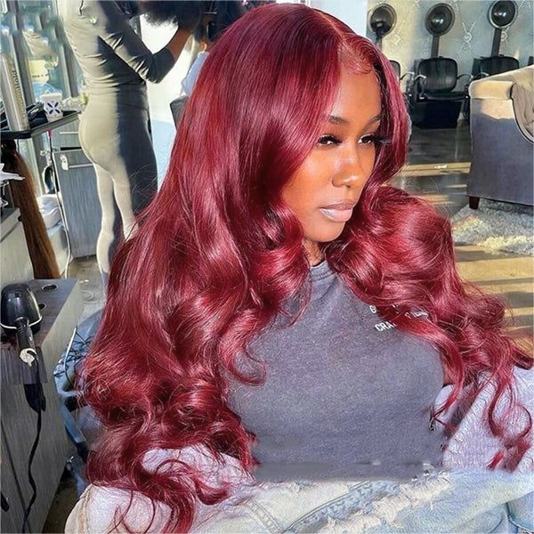 99J Burgundy Color Glueless 5x5 HD Lace Closure Wigs Human Hair 180% Density