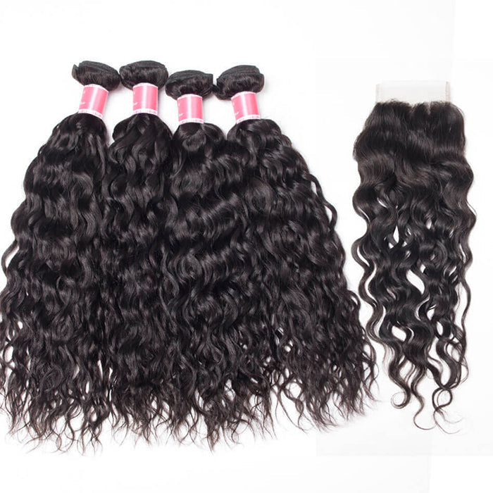 Malaysian Water Wave 4 Bundles With 4x4 Lace Closure Human Hair Closure With Bundle Deals