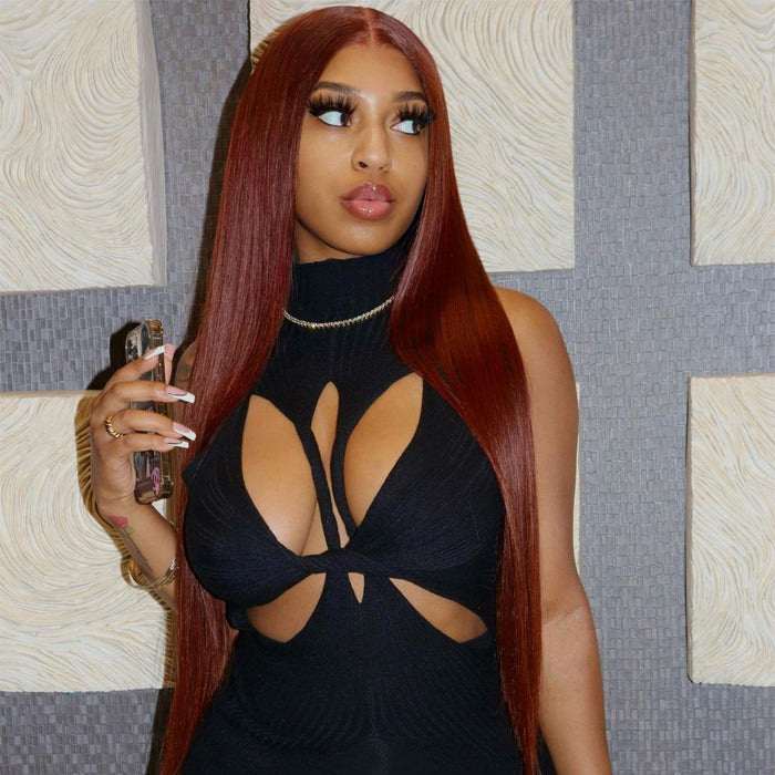 #33 Auburn Reddish Brown Color 4x4 HD Transparent Lace Closure Human Hair Wigs