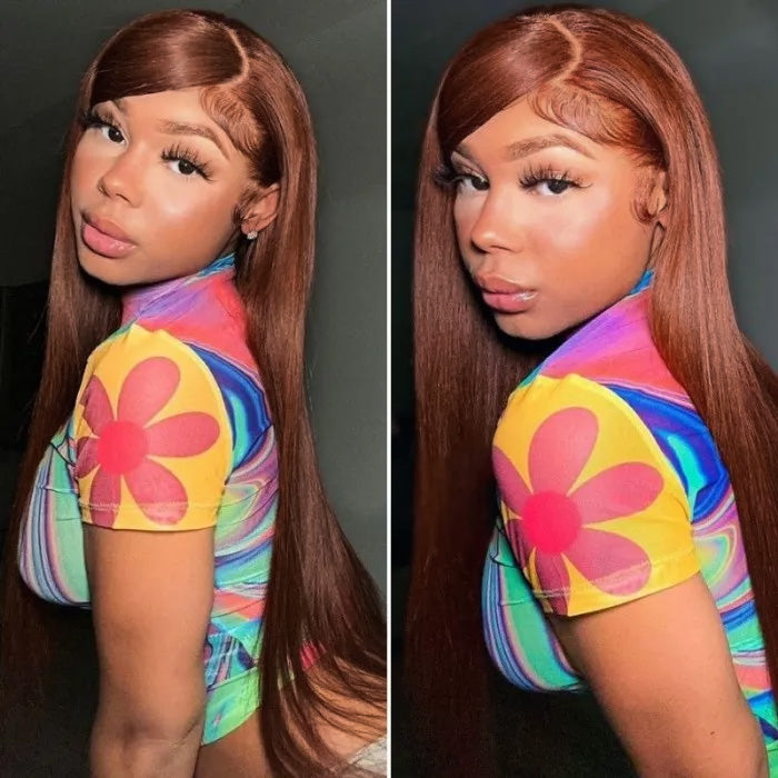 #33 Auburn Reddish Brown Color 4x4 HD Transparent Lace Closure Human Hair Wigs