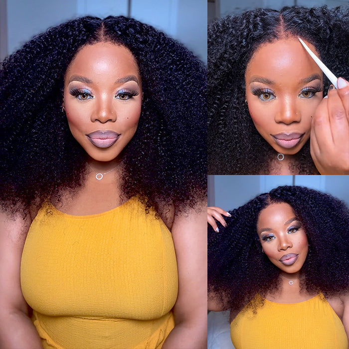 4C Kinky Edge Hairline Afro Kinky Curly Wigs Pre Cut 8x5 HD Lace Human Hair Glueless Wig Pre Bleached