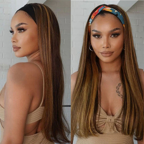 #4/27 Mix Color Highlights Headband Wigs 100% Virgin Human Hair No Gel No Glue Silk Scarf Wigs