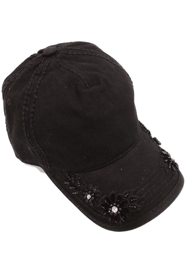 Floral Glitz Embroidery on Bill Ponytail Baseball Cap by Olive & Pique
