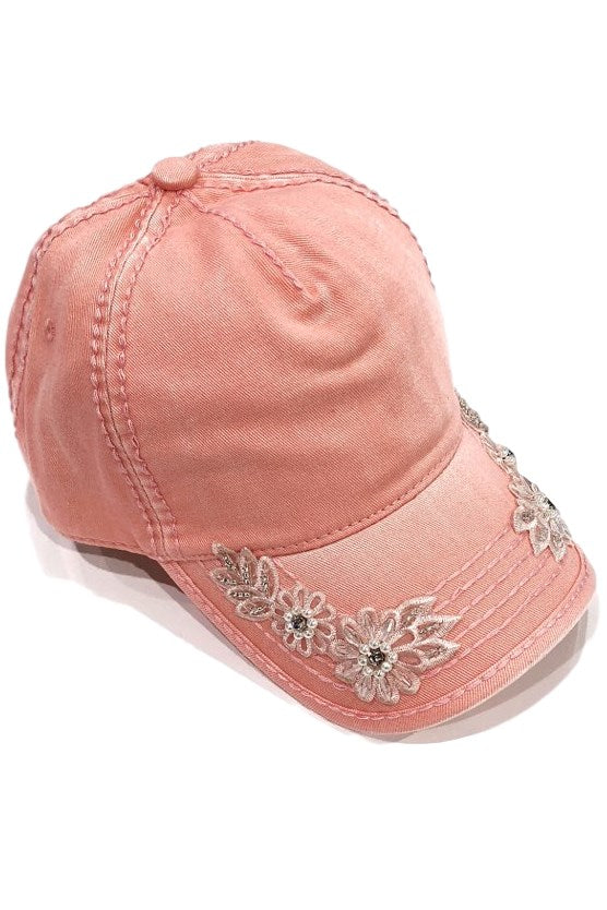 Floral Glitz Embroidery on Bill Ponytail Baseball Cap by Olive & Pique