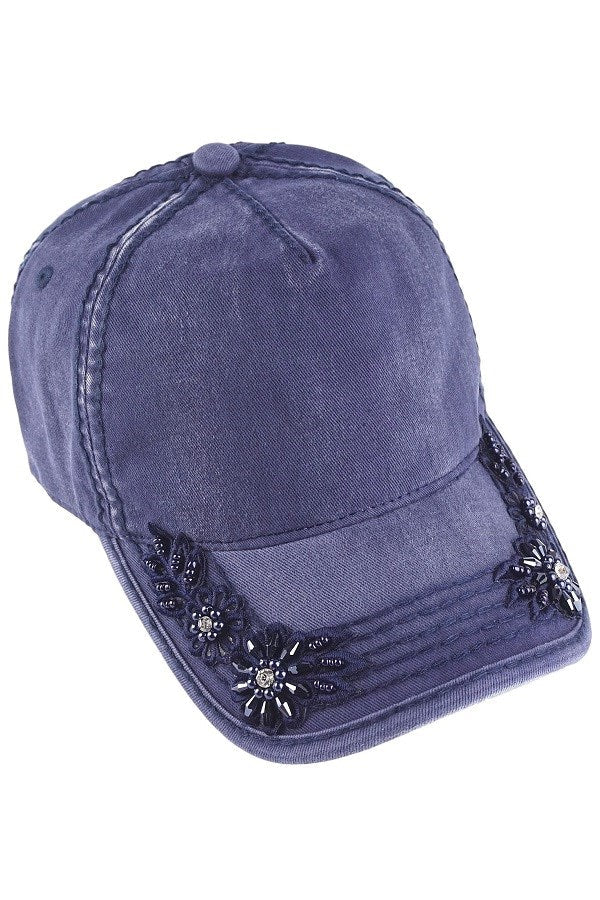 Floral Glitz Embroidery on Bill Ponytail Baseball Cap by Olive & Pique
