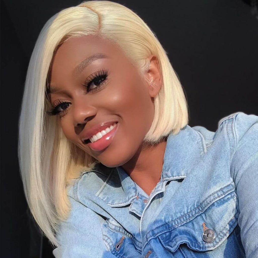 613 Blonde Straight Bob Wigs Human Hair Pre Plucked Glueless HD Lace Wig 220% Density