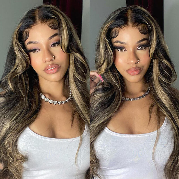 20''=$109 Balayage 1B/27 Highlight Body Wave Glueless Pre-Cut 8x5 HD Lace Closure Human Hair Wigs 180% Density