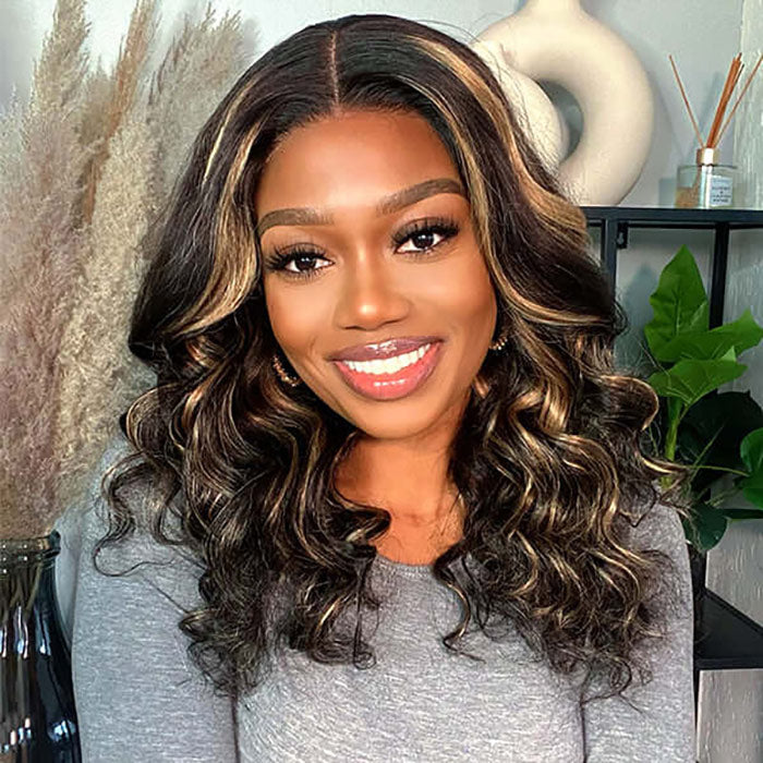 Highlight Color Short Loose Body Wave Pre Cut 8×5  HD Lace Wear Go Glueless Human Hair Wigs 220% Density