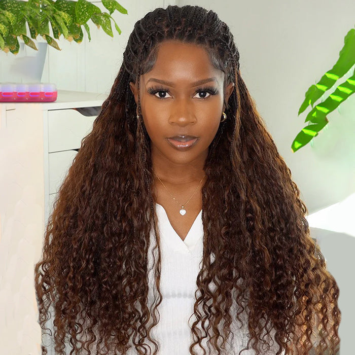Boho Braid Wigs 100% Human Hair Drawstring 13x6 Transparent HD Lace Frontal Wigs For Women #T1B/30 Ombre Color