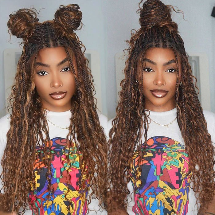 Glueless Pull Go Drawstring 13x6 HD Lace Frontal Colored Boho Braided Wigs for Black Women