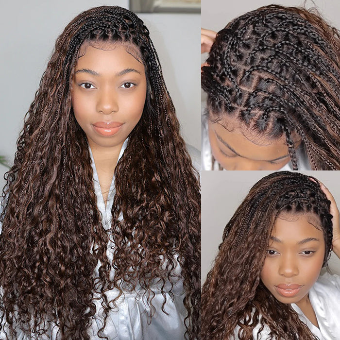 Boho Knotless Braided Wigs Drawstring 13x6 HD Lace Frontal Human Hair Wigs Brown Color with Black Root