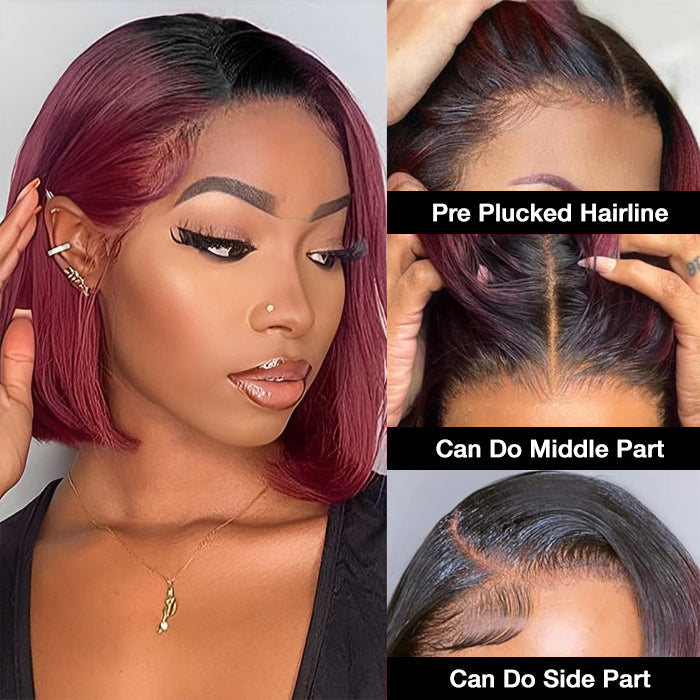 1B/99J Burgundy Ombre Short Straight Bob Wigs Human Hair With Pre Plucked Hairline