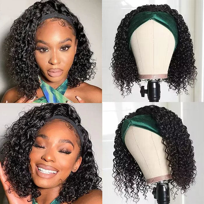 Curly Hair Headband Bob Wig Human Hair Half Wig 220% Density Glueless Human Hair Headband Wig