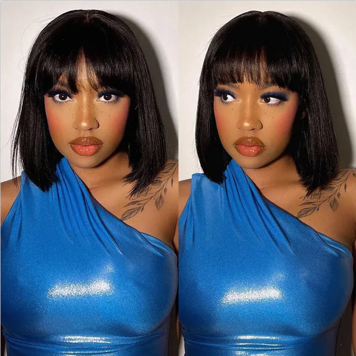 Glueless Top 2x4 Lace Curly Short Bob Wig With Bangs Human Hair Wigs Beginner Friendly