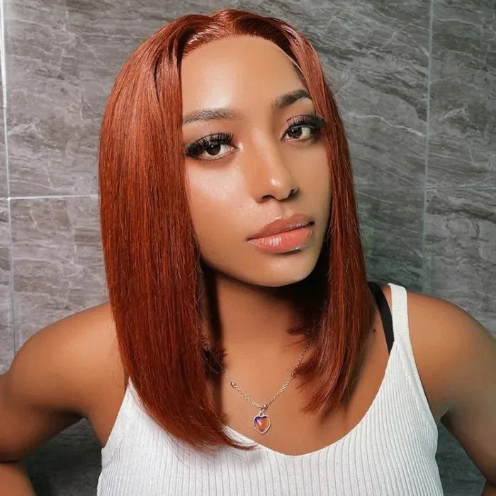 #33 Reddish Brown Color Straight Short Bob Red Brown Wig 13x4 Bob Lace Frontal Wigs 220% Density