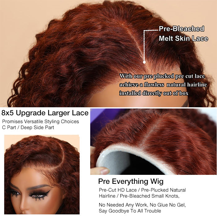 #33 Reddish Brown Water Wave Glueless Wig Big Parting 8*5 HD Lace Closure Wigs Ready To Wear