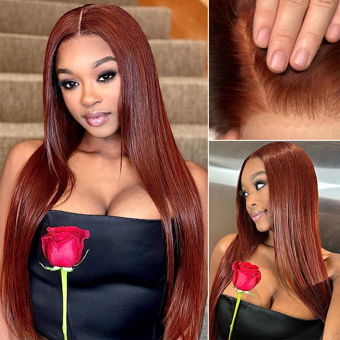 #33 Auburn Reddish Brown Color 4x4 HD Transparent Lace Closure Human Hair Wigs