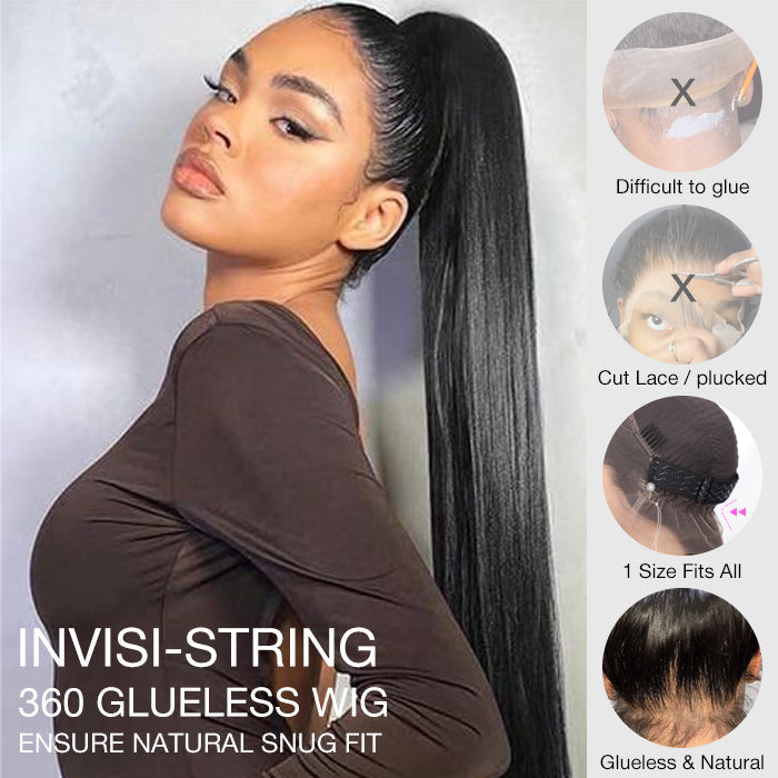 Invisi-String Straight 360 HD Lace Wig Human Hair Snug Fit Glueless Wig Pre Bleached Knots Lace Parting Anywhere