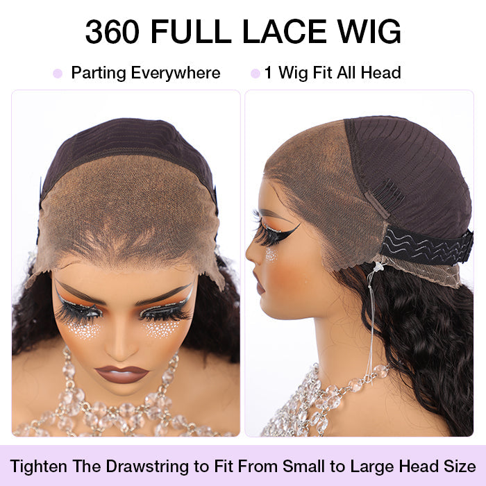 Deep Wave Invisi-String Snug Fit for 360 Skin Lace Frontal Pre-cut & Pre-bleached Human Hair Wig For Women