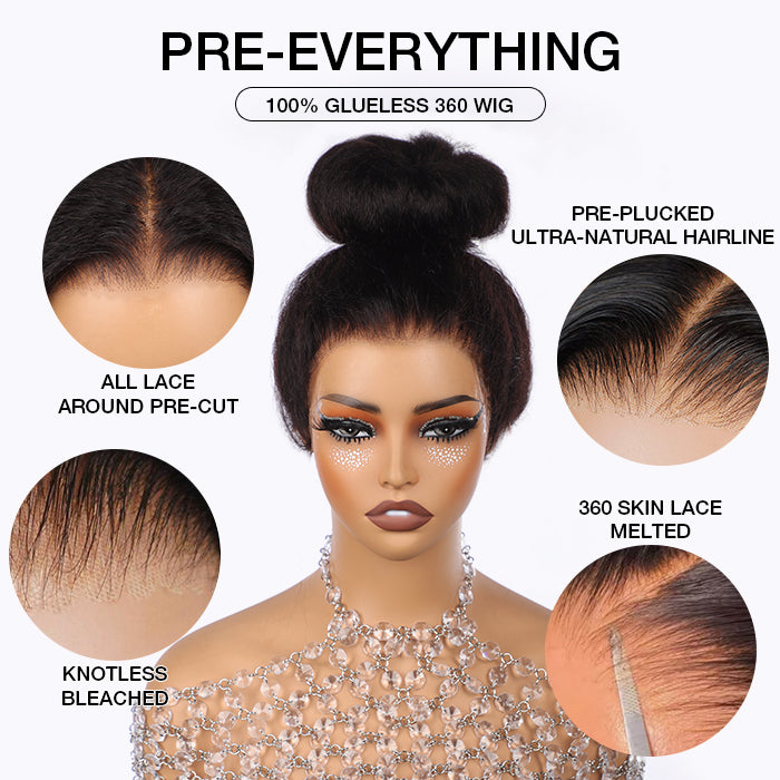 Glueless Kinky Straight Invisible-String Snug Fit 360 Full Lace Pre Plucked & Bleached HD Lace Wigs