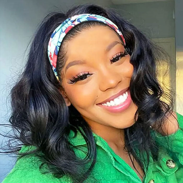 220% Density Body Wave Hair Headband Bob Wig Glueless Human Hair Half Wig