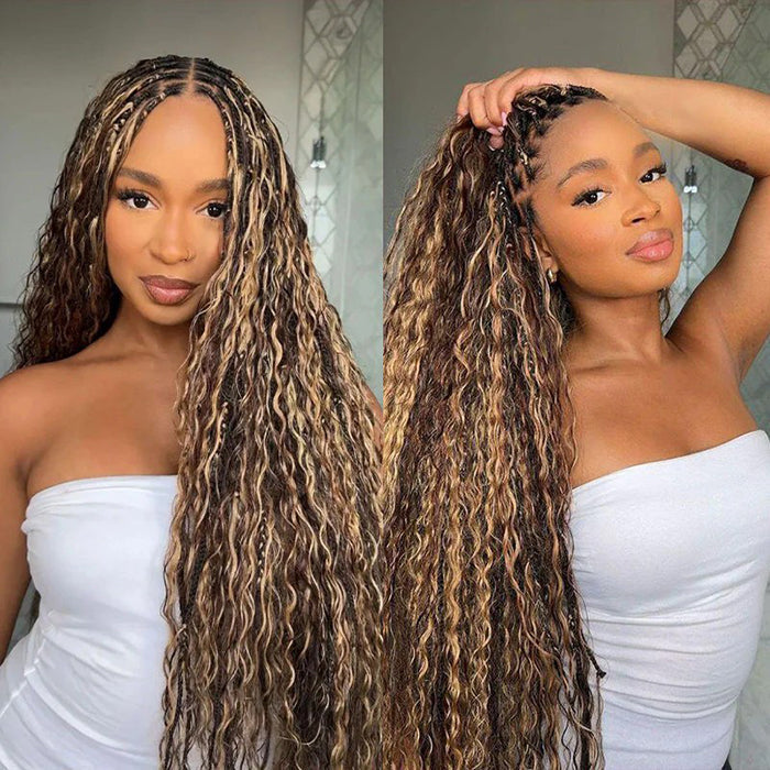 Boho Braided Wigs Ombre Highlight Brown Color Water Wave Pull Go Drawstring 13x6 HD Lace Frontal Human Hair Wigs