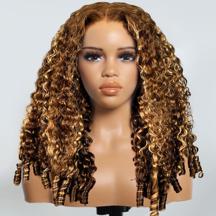Highlight Burmese Curly with Finger Coil Ends Glueless 13x6 HD Lace Frontal Human Hair Wigs with Elastic Drawstring Friendly To All Heads