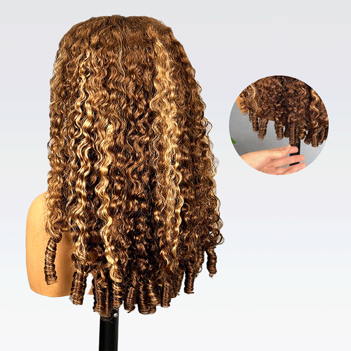Highlight Burmese Curly with Finger Coil Ends Glueless 13x6 HD Lace Frontal Human Hair Wigs with Elastic Drawstring Friendly To All Heads
