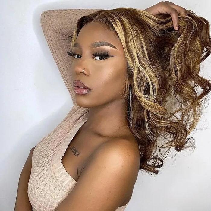Highlight Color Short Loose Body Wave Pre Cut 8×5  HD Lace Wear Go Glueless Human Hair Wigs 220% Density