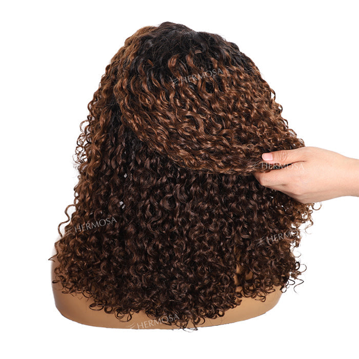 Glueless 4C Edges Hairline Curly Wigs Ombre Brown 13x4 Frontal HD Lace Human Hair Pre Everything Wigs For Women