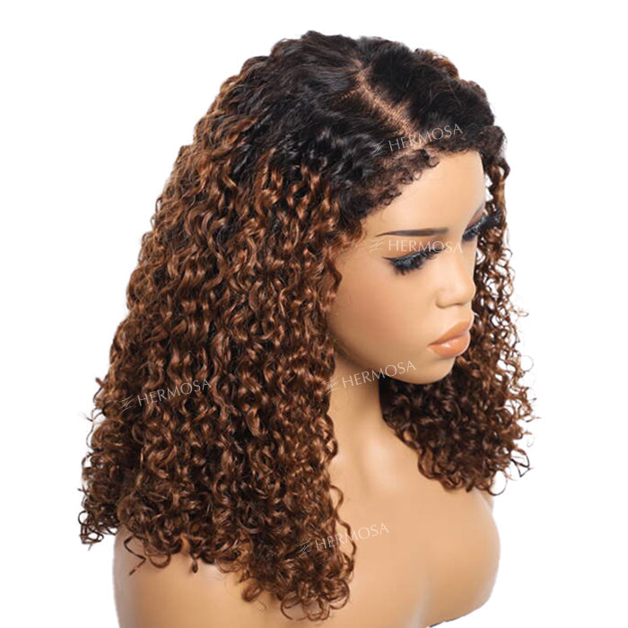 Glueless 4C Edges Hairline Curly Wigs Ombre Brown 13x4 Frontal HD Lace Human Hair Pre Everything Wigs For Women