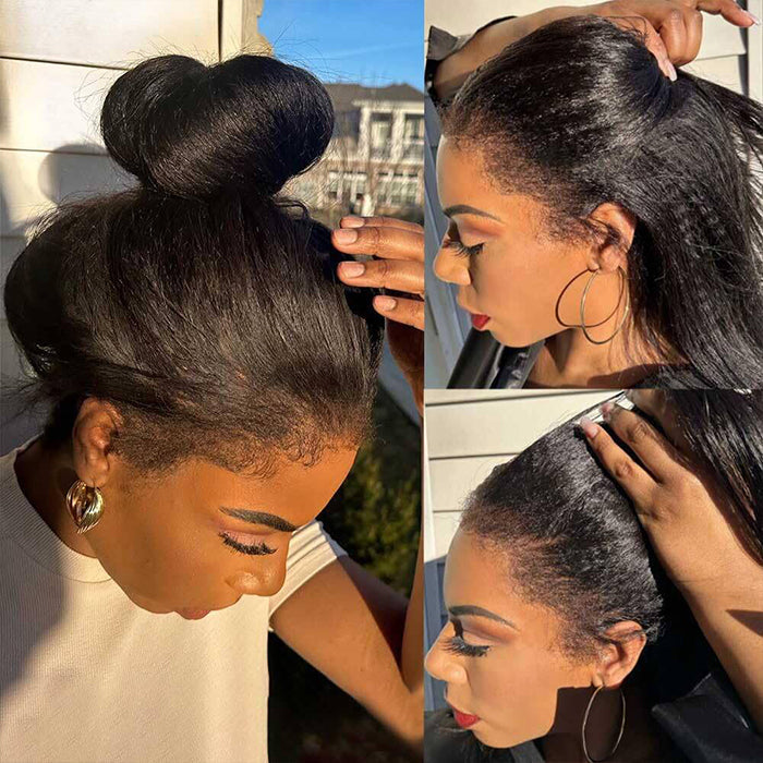 Glueless 4C Kinky Edge Hairline Kinky Straight Human Hair Wigs Pre Cut Lace 8x5 13x4 360 HD Lace Frontal Wigs 220% Density