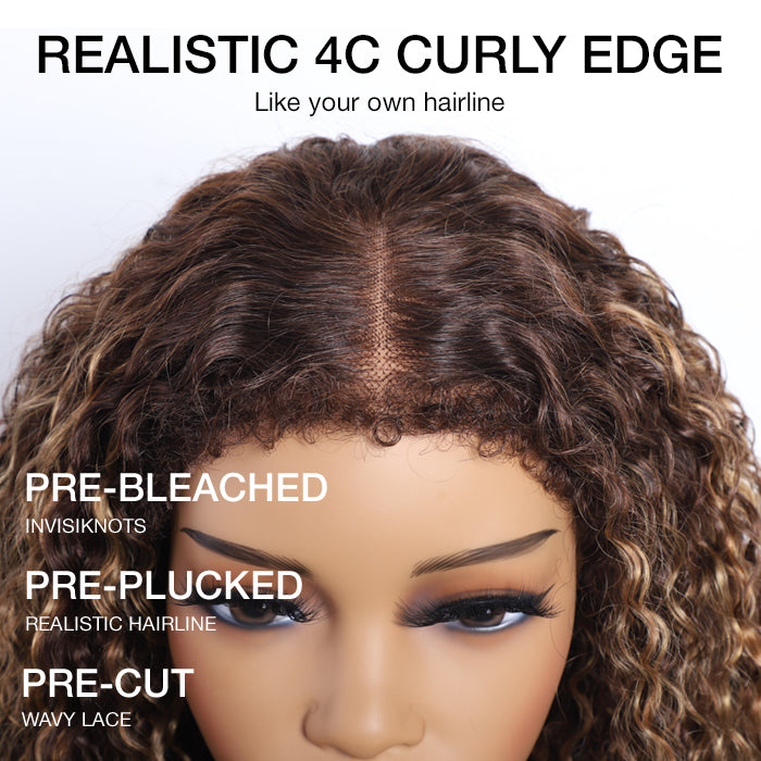 Glueless 4c Edge Blonde Highlight Curly Human Hair Lace Wig 13X4 13X6 Undetectable HD Lace Front Wig