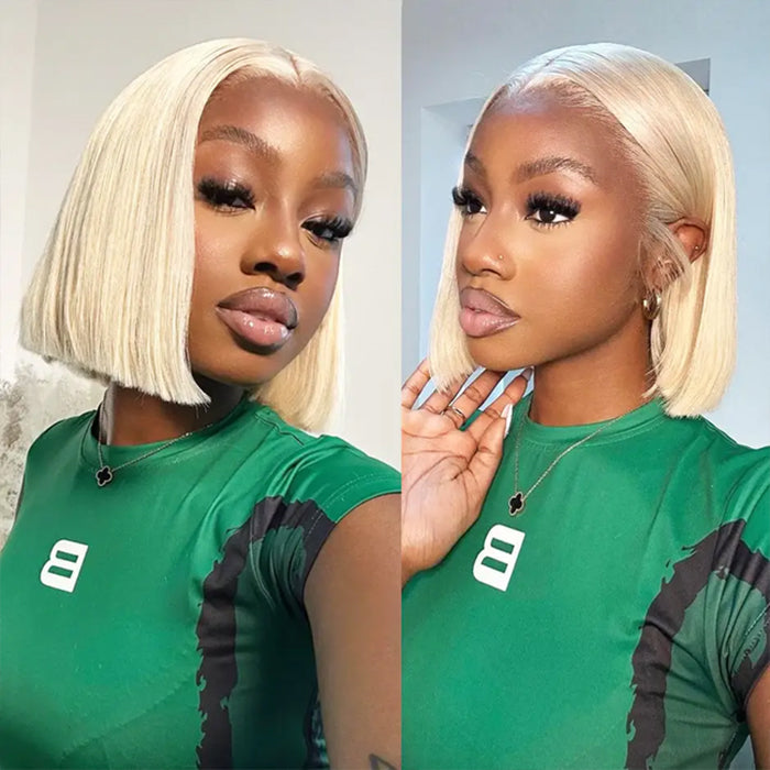613 Blonde Straight Bob Wigs Human Hair Pre Plucked Glueless HD Lace Wig 220% Density