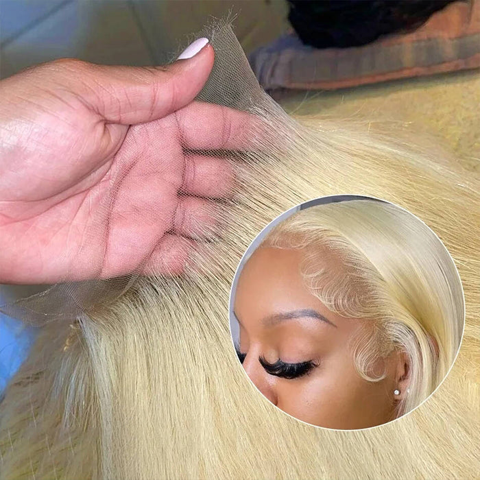 613 Blonde Straight Bob Wigs Human Hair Pre Plucked Glueless HD Lace Wig 220% Density