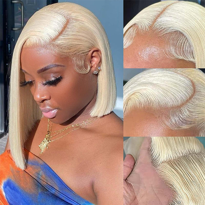 613 Blonde Straight Bob Wigs Human Hair Pre Plucked Glueless HD Lace Wig 220% Density