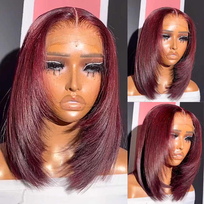 Glueless Layered Cut Straight Bob Lace Front Human Hair Wigs Ombre Highlight Colored Lace Frontal Wig